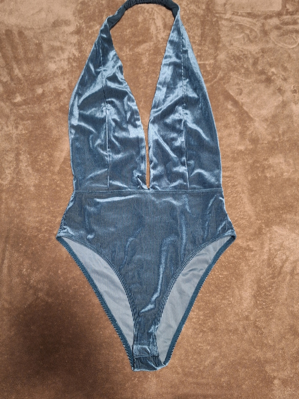 Gris Velvet Halter One-Piece Bodysuit in Dusty Blue